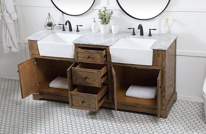 72" Pre-Assembled Bathroom Vanity with Sink, Solid Birch and MDF, Carrara White Marble Countertop Attached, Double Rectangle Porcelain Sink, 3 Soft-Close Drawers, Driftwood