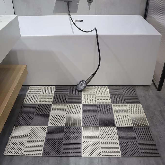 18 Pack Modular Interlocking Floor Mat Outdoor Shower Mat Tiles with Drainage Holes for Swimming Pool Bathroom Shower Sauna Room Garage Boat, 12"×12" Gray+White