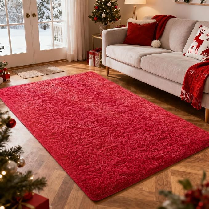 Ophanie Red Rugs for Bedroom Living Room, Fluffy Fuzzy Furry Carpet, Plush Soft Shaggy Bedside Indoor Floor 4x6 Area Rug for Kids Girls Boys Baby Teen Dorm Nursery Decor with Over 99 pcs Pile fibers