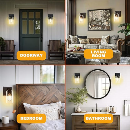 Wall Sconces Set of Two, Wall Mounted Bedside Lamps with Rotary Switch, Matte Black Sconces Wall Lighting, Bathroom Light Fixtures with Clear Glass Shade, Wall Lights for Bedroom Living Room