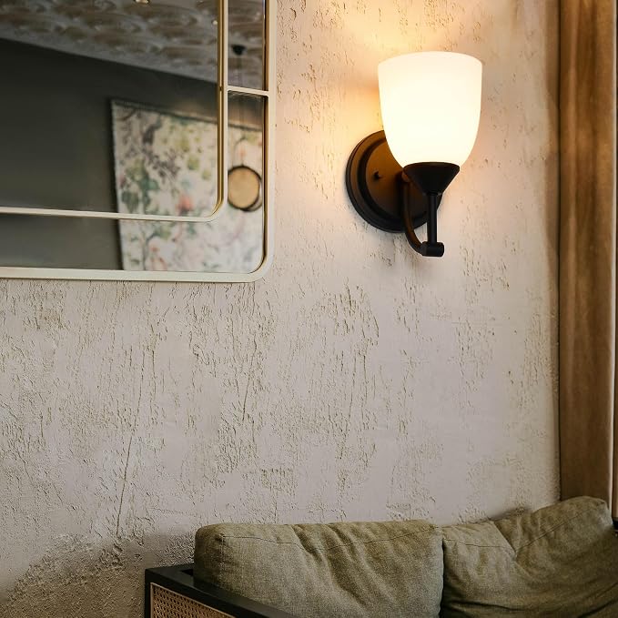 Traditional 1-Light Indoor Black Wall Sconce with Frosted Glass Bathroom Bedroom Hallway, 9.6" H x 5.5" W, Textured Black