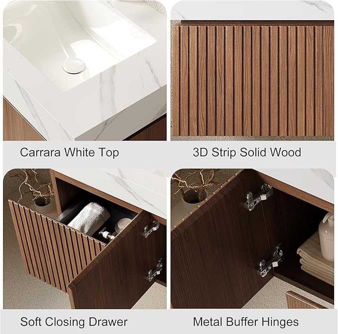48" Floating Bathroom Vanity with Sink, Modern Plywood Bathroom Vanities with Drawer and Doors, Carrara White Sintered Stone Top and 3 Pre-drilled Faucet Holes Ceramic Basin, Pre-Assembled, Dark Oak