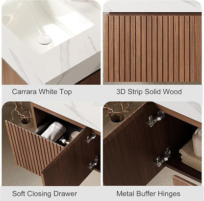 48" Floating Bathroom Vanity with Sink, Modern Plywood Bathroom Vanities with Drawer and Doors, Carrara White Sintered Stone Top and 3 Pre-drilled Faucet Holes Ceramic Basin, Pre-Assembled, Dark Oak