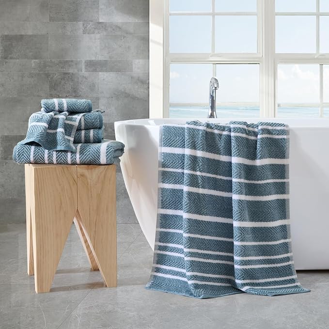 Nautica - Bath Towels, 100% Soft & Absorbent Plush Cotton Towels with Yarn Dye Loops, Medium Weight Bathroom Towels (Cruise Along Blue, 6 Piece)