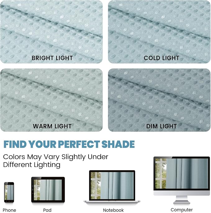 SORTTO No Hook Shower Curtain with Snap in Liner Set Waffle Shower Curtain for Bathroom Hotel Style Fabric Waterproof Inner Liner，71" W x 74" H, Fog Blue