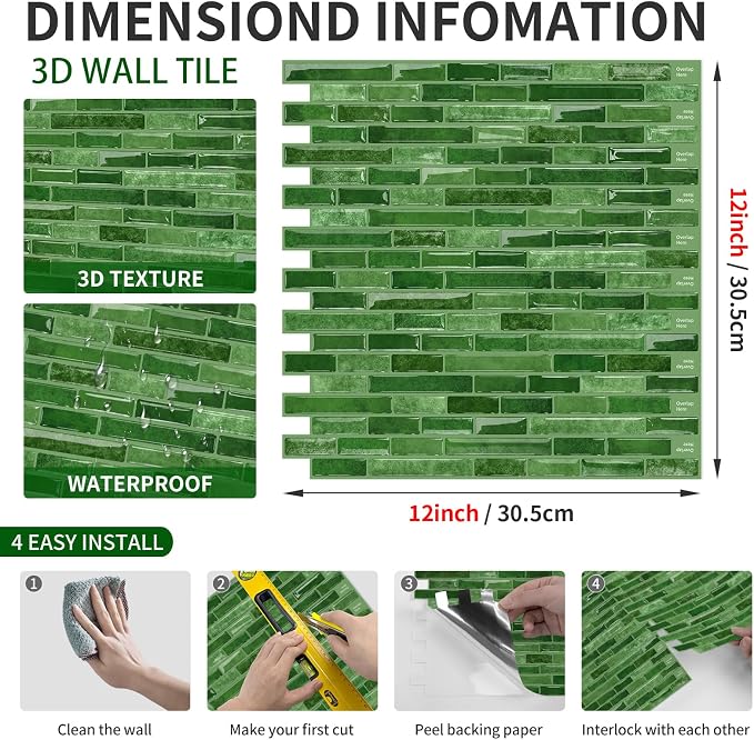 URCOLOR 10-Sheet Kitchen Backsplash Tiles Peel and Stick, 12”×12” Self Adhesive Wall Tile for Bathroom, Jade Green