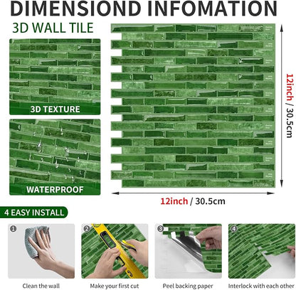 URCOLOR 10-Sheet Kitchen Backsplash Tiles Peel and Stick, 12”×12” Self Adhesive Wall Tile for Bathroom, Jade Green