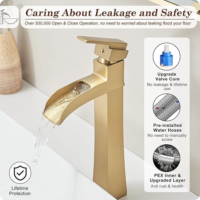 Brass Vessel Sink Faucets, Brushed Gold Tall Bathroom Faucet Single Handle, 1 Hole Bathroom Sink Faucet Waterfall Farmhouse Single Faucet Bathroom Sink with Pop-Up Drain & Pre-Installed Hoses