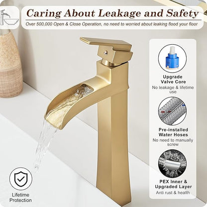 Brass Vessel Sink Faucets, Brushed Gold Tall Bathroom Faucet Single Handle, 1 Hole Bathroom Sink Faucet Waterfall Farmhouse Single Faucet Bathroom Sink with Pop-Up Drain & Pre-Installed Hoses