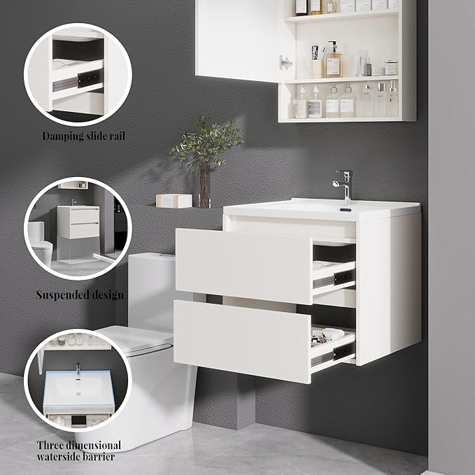 Khaki Floating Bathroom Vanity with Sink, 23x18 Inch Wall Mounted Bathroom Cabinet with 2 Drawers, Modern Single Sink Vanity for Small Bathroom, Space-Saving Storage Cabinet