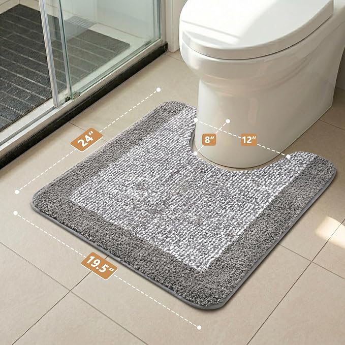 Toilet Rugs U-Shaped 24x19, Non-Slip Plush Shaggy Quick Dry Bathroom Contour Rugs, Extra Soft Absorbent Chenille Washable Bath Mat for Toilet Base, Light Grey