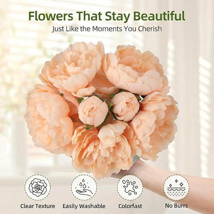 Artificial Peonies Flowers with Vase, Mixed Champagne Silk Peony Bouquet with Faux Water in Glass Vase, Lifelike Fake Peonies Floral Arrangement for Table Centerpiece, Wedding, Party, Home Decor