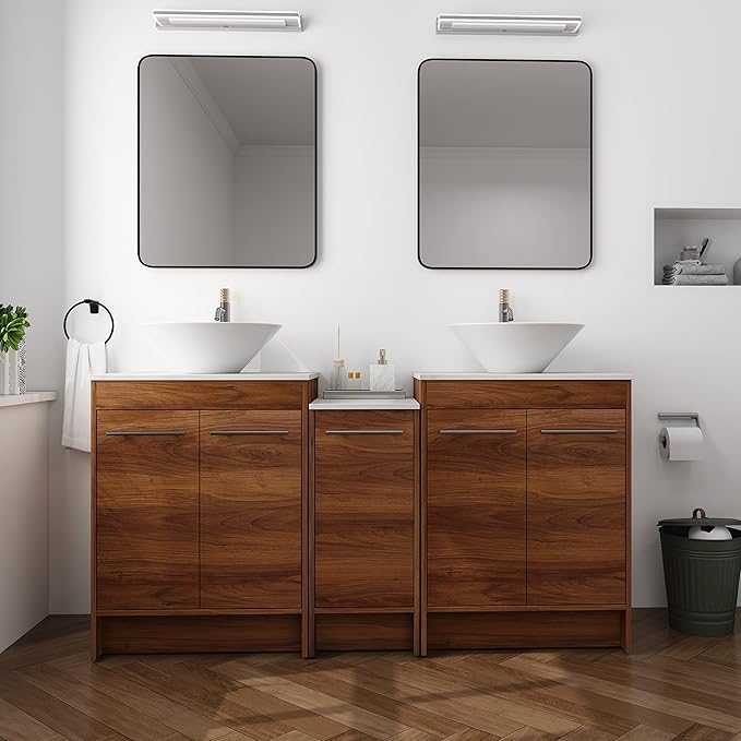 60" Bathroom Vanity with Ceramic Sink, Freestanding Double Sink Bathroom Vanity Combo, 60 Inch Modern Bathroom Storage Vanity, Brown Floor Stand Cabinet Set(BRE217, 60 * 18)