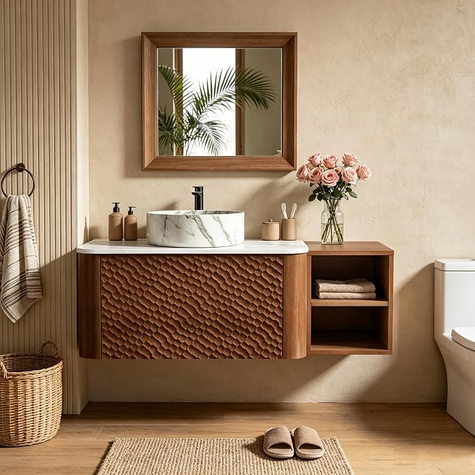 42 Inch Modern Bathroom Vanity with Ceramic Sink, Floating Bathroom Sink Cabinet with Sintered Stone Top&Solid Wood Hammered Frame, Single Bathroom Vanities w/Soft-Close Drawer&Side Open Cube