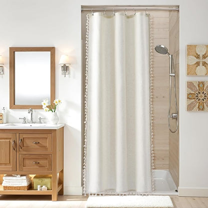 Stall Natural Boho Linen Shower Curtain 36 Inch Rustic Cottagecore Narrow Fabric Shower Curtain Set with Hooks for Bathroom Modern Farmhouse Camper RV Tassel Bath Curtain 36x72, Cream