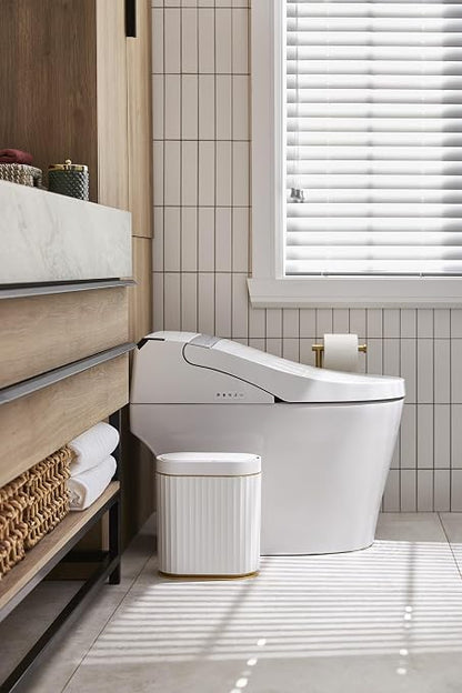 ELPHECO Bathroom Trash Can with Lid, 2 Gallon, Motion Sensor, White Gold | Automatic Garbage Can, IPX5 Waterproof Plastic Wastebasket, Trash Bin for Bathroom, Bedroom, Kitchen and Office