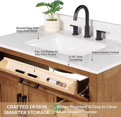 36-inch Dark Walnut Bathroom Vanity with Sink, Solid Wood, 0.79-inch Stone Countertop and Backsplash, 4 Drawers, 2 Soft Closing Doors