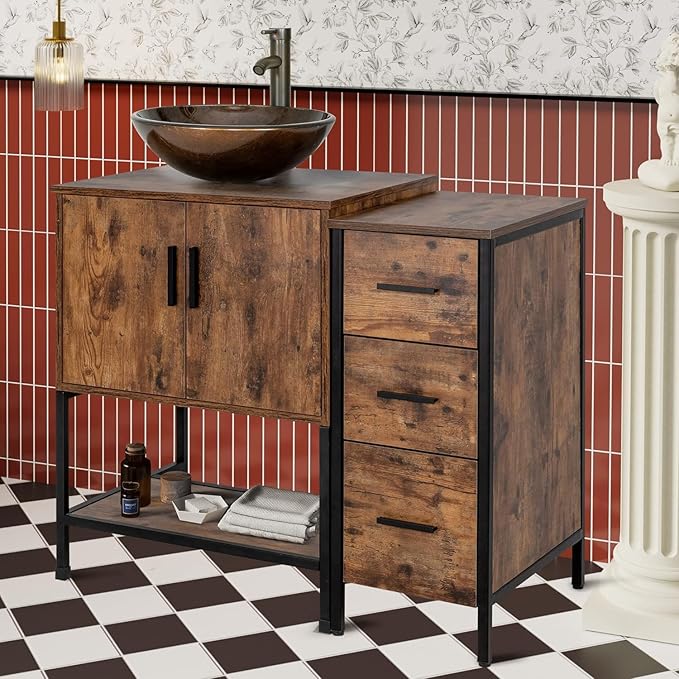 UEV 36" Antique Bathroom Vanity, Dark Brown Bathroom Vanity Set with Sink and 3 Drawers Side Cabinet Combo, Iron Wood Bathroom Cabinet with Adjustable Water Temperature Faucet (A09-NEW)