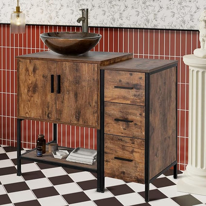 UEV 36" Antique Bathroom Vanity, Dark Brown Bathroom Vanity Set with Sink and 3 Drawers Side Cabinet Combo, Iron Wood Bathroom Cabinet with Adjustable Water Temperature Faucet (A09-NEW)