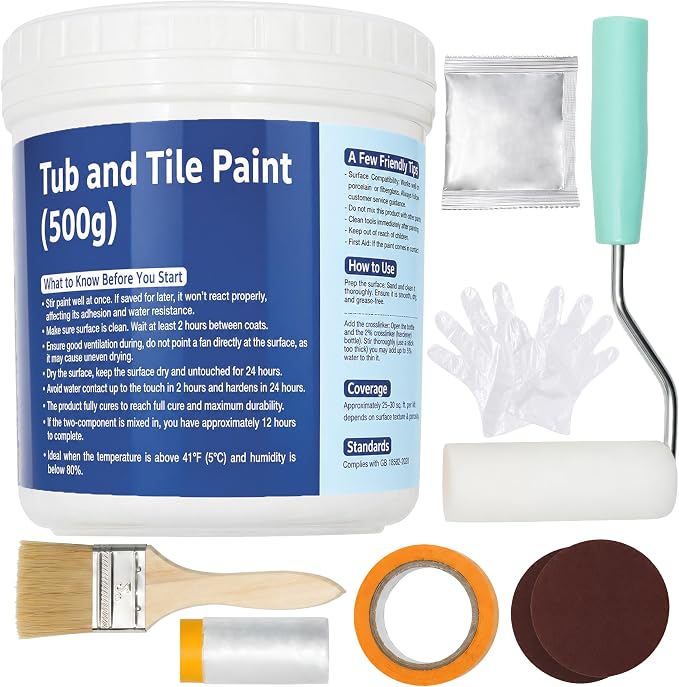 Oriflame Tile Paint: Tub & Tile Refinishing Kit 17.6oz with Tools - White Water Based Bathtub Sink Paint with Hardener - Low Odor for Bathroom Shower Kitchen Countertop Porcelain, 25-30sq.ft