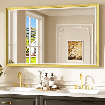Keonjinn 48" x 30" Gold Bathroom Mirrors, HD Tempered Glass, Aluminum Alloy | Beveled Edge Mirror, Effortless French Cleat Installation, Rustproof, Metal Framed Gold Vanity Mirror for Wall, Living Room