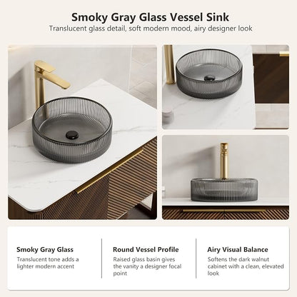 Yayzy 36 Inch Bathroom Vanity with Sink, Freestanding Dark Walnut Bathroom Cabinet, Smoky Gray Glass Vessel Sink, Carrara White Sintered Stone Countertop, Soft Close Doors, Open Storage Shelf