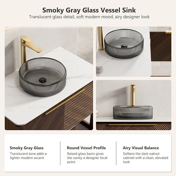 Yayzy 48 Inch Bathroom Vanity with Sink, Freestanding Dark Walnut Bathroom Cabinet, Smoky Gray Glass Vessel Sink, Carrara White Sintered Stone Countertop, Soft Close Doors, Open Storage Shelf