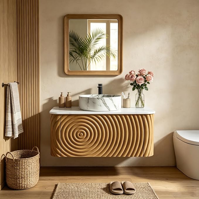 30" Floating Bathroom Vanity with Sink, Mid-Century Wall Mounted Bathroom Vanity Cabinet with Waved Decor, Marble Ceramic Basin, Sintered Stone Top, Soft Close Storage Drawer, Natural
