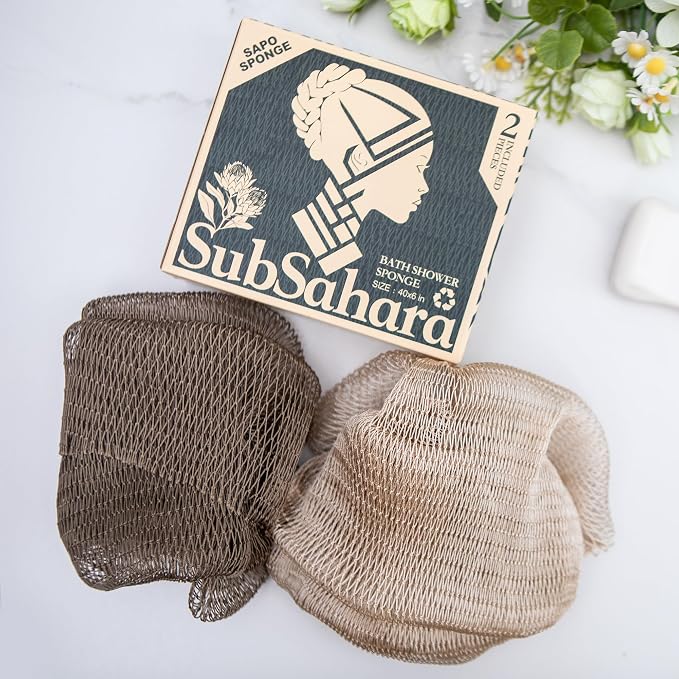 Authentic African Net Sponge, 2 Pack 45-Inch Exfoliating Bath Sponge and Shower Loofah for Body and Back, Quick-Dry Durable Knotted Mesh Scrubber (Linen & Brown)