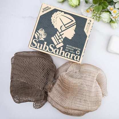 Authentic African Net Sponge, 2 Pack 45-Inch Exfoliating Bath Sponge and Shower Loofah for Body and Back, Quick-Dry Durable Knotted Mesh Scrubber (Linen & Brown)