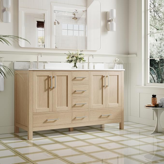 60-Inch Bathroom Vanity with Sink, 4 Soft-Close Doors and 6 Soft-Close Drawers, Bathroom Freestanding Vanity with Cultured Marble Countertop, Oak Vanity with Brushed Nickel Handles