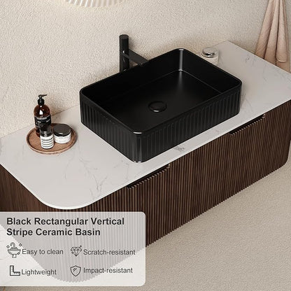 48" Floating Bathroom Vanity with Sink, Wall-Mount Cabinet with 2 Large Storage Drawer, Black Rectangular Ceramic Basins and Marble Top, Soft-Close Design, Dark Walnut