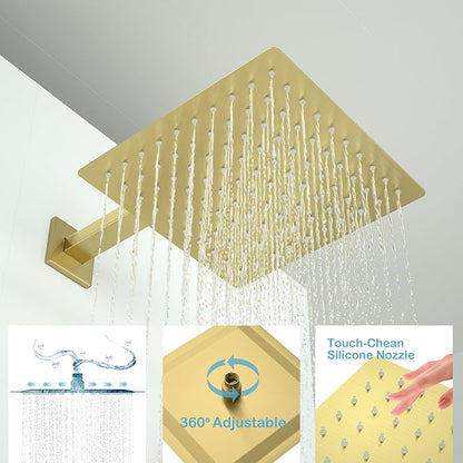 Gold High Pressure Shower System Set with Tub Spout,12 inch | Safe Pressure Balance Valve Bathroom Shower Faucet Set with Handheld, All-Metal Water Saving Rainfall Shower Trim Kit