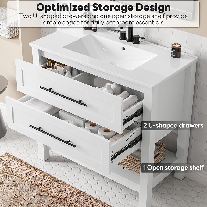 LIKIMIO 36" Bathroom Vanity with Sink, 2 Drawers & Open Shelf, White | Freestanding Bathroom Vanity, Integrated Ceramic Sink, U-Shaped Drawers, Modern Bathroom Storage Cabinet, Easy Assembly