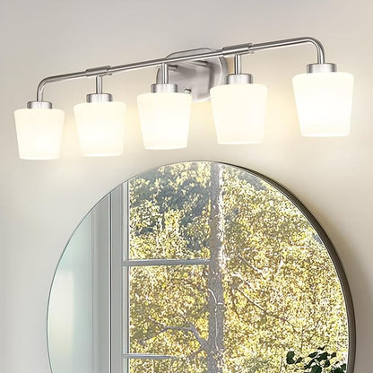 Bathroom Light Fixtures Over Mirror, 5-Light Brushed Nickel Vanity Lighting Fixtures with Milk White Glass, 38inch Farmhouse Wall Sconces Lighting, AD-22004-5W-SN