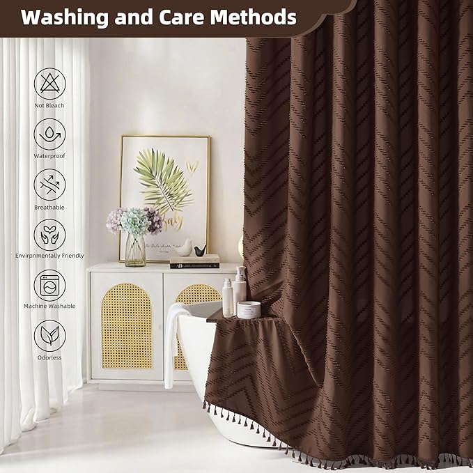 Brown Shower Curtain Fabric Shower Curtain for Bathroom 72 x 72 Tufted Chevron Textured Striped Modern Farmhouse Minimalist for Bathroom