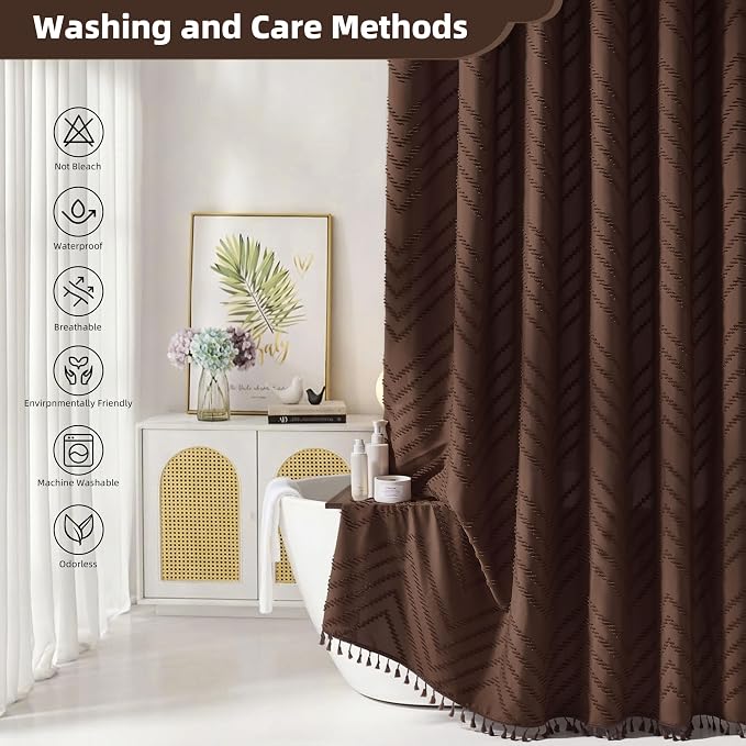 Siiluminisoy Brown Shower Curtain Fabric Shower Curtain for Bathroom 72 x 78 Tufted Chevron Textured Striped Modern Farmhouse Minimalist for Bathroom