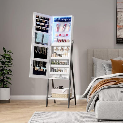 LVSOMT 3 LEDs Mirror Jewelry Cabinet, 60.4" Jewelry Mirror Full Length, Standing Lockable Jewelry Armoire Organizer, Floor Mirror with Storage for Jewelry Cosmetics, White