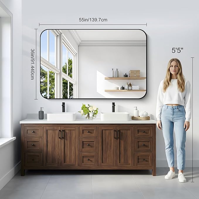 36" x 55"Bathroom Mirror, Matte Black Wall Mirror with Metal Frame, Decorative Rectangular Vanity Mirror for Bedroom Bathroom Living Room Entryway (Horizontal/Vertical)