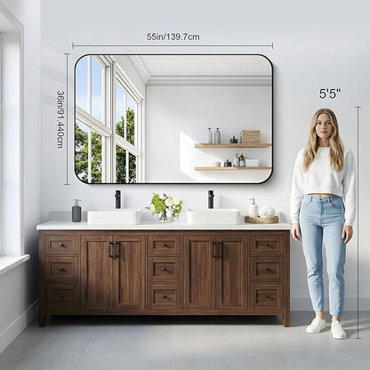 36" x 55"Bathroom Mirror, Matte Black Wall Mirror with Metal Frame, Decorative Rectangular Vanity Mirror for Bedroom Bathroom Living Room Entryway (Horizontal/Vertical)