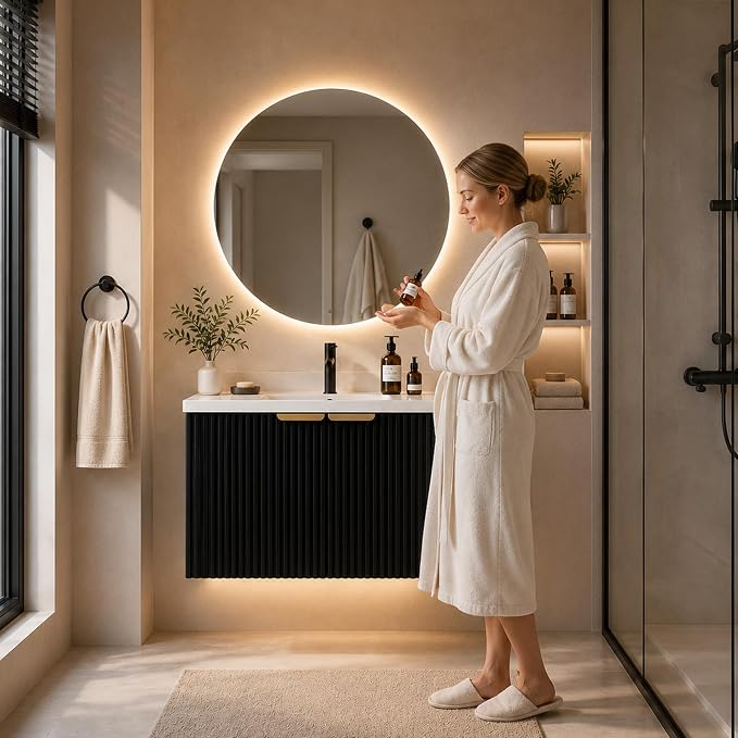 30" Floating Bathroom Vanity with Sink, Wall Mounted Bathroom Vanity Set with Fluted Doors, USB-Powered RGB LED Strip, Soft-Close Doors, Gold Handles, Black
