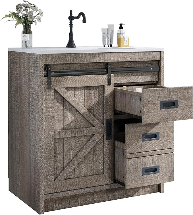 31" Farmhouse Sliding Barn Door Bathroom Vanity with Sink Combo, Bathroom Vanity Cabinet with Drawers & Metal Handles, Freestanding, Gray