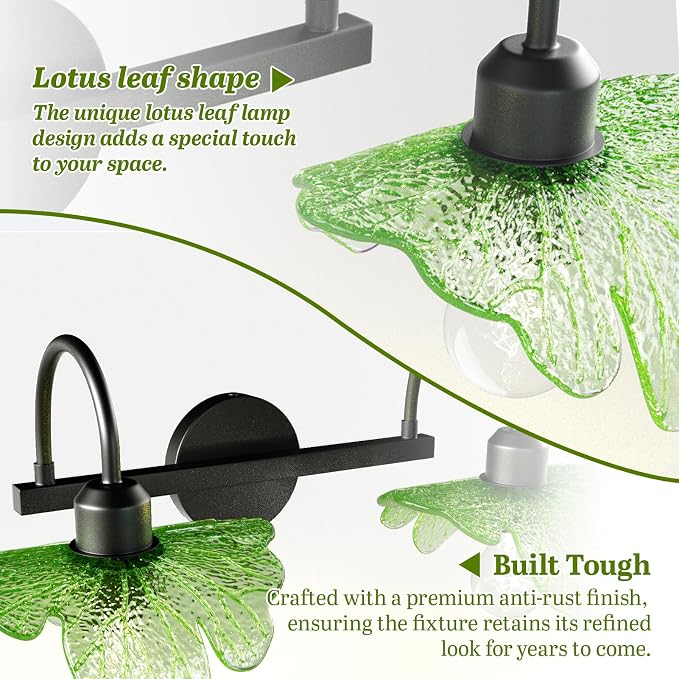 2 Light Vintage Wall Sconces with Glass Shades,Vanity Light,Bathroom Light,Wall Lighting Fixture for Mirror,Home Decor Art Wall Light (Black+Green, 2-Lights)