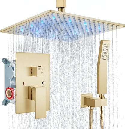 Aolemi Ceiling Shower Faucet Set with Handheld 12" LED Head Brushed Gold | Handheld Spray,12 Inch Rain LED Head,Shower Valve and Trim Kit,All Metal,Ceiling System,Bathroom Mixer