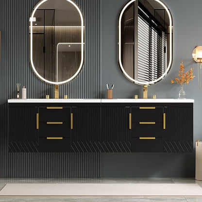 72'' Wall Mounted Bathroom Vanity, Floating Storage Vanity Cabinet with 2 Drawers, Solid Wood Bathroom Cabinet, Black