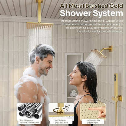 Gold Shower Faucet Set, Brushed Gold Shower System, 10'' Ceiling Shower Head and 6'' Wall Mounted ShowerHead, Dual Gold Shower Head with Handheld Combo, 3 In 1 Push Button Shower Diverter Valve