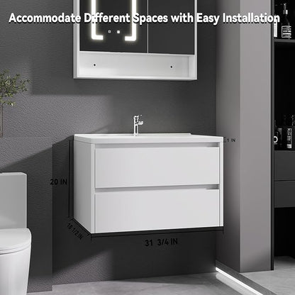 White Floating Bathroom Vanity with Sink, 31x18 Inch Wall Mounted Bathroom Cabinet with 2 Drawers, Modern Single Sink Vanity for Small Bathroom, Space-Saving Storage Cabinet