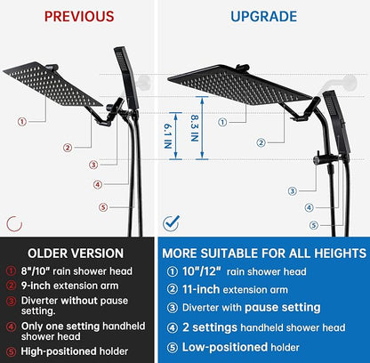 G-Promise 12 Inch All Metal Rain Shower Head with Handheld (Matte Black) | Full Body Coverage, Pause Mode Diverter, Power Wash Mode Handheld, Suits Every Height, Easy to Install, Modern Bath Upgrade