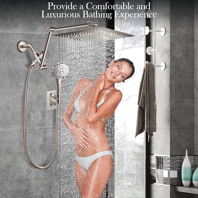 12'' Nickel Shower Head Combo with 16'' Flexible Height/Angle Extension Arm | High Pressure Rainfall Shower Head with 5 Setting Spray Hand held Shower Head, Stainless Steel and Anti-leak
