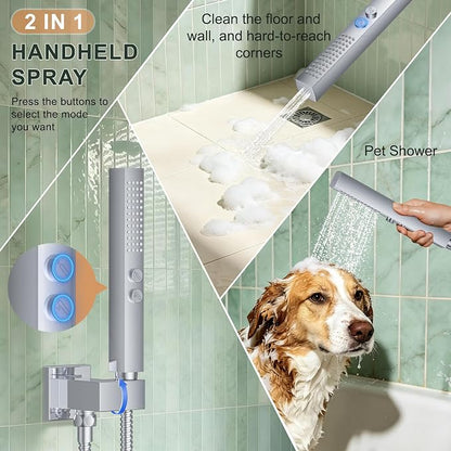 Rain Shower System with Rough-in Valve, Wall Mount Shower Faucet Set with 12" & 6" Dual Rain Shower Heads, 2-in-1 Handheld Shower, Tub Spout, 4-Function Complete Shower Fixture, Chrome